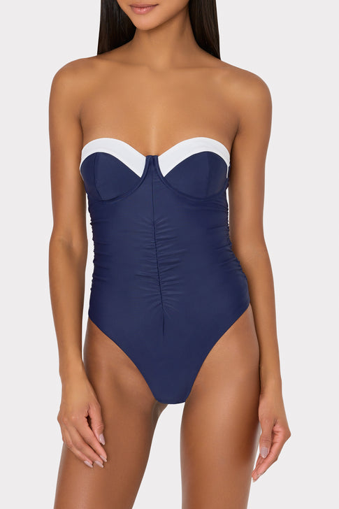 Color Block Ruched One Piece Navy/White Image 3 of 7