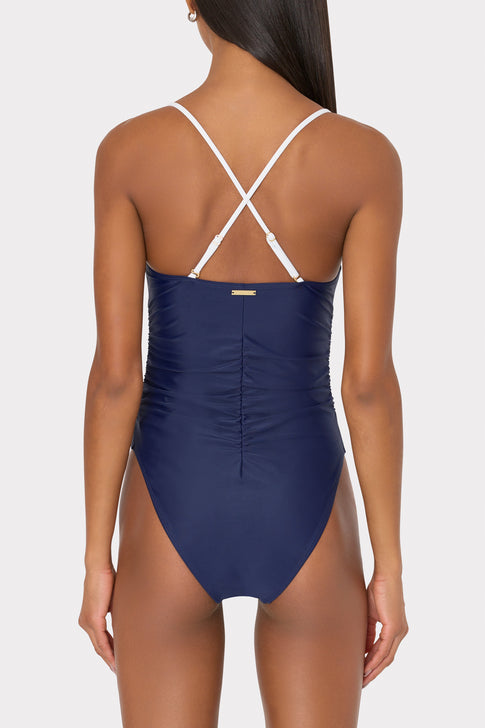 Color Block Ruched One Piece Navy/White Image 5 of 7