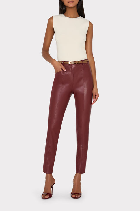 Burgundy Vegan Leather Pant - On Model Front, Styled with Belt | MILLY