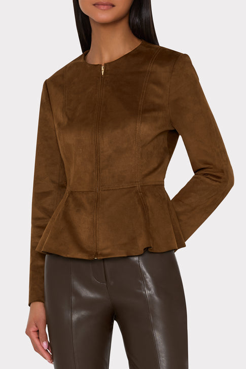 Dark Brown Vegan Leather Trouser - On Model Close-Up with Camel Suede Peplum Jacket | MILLY