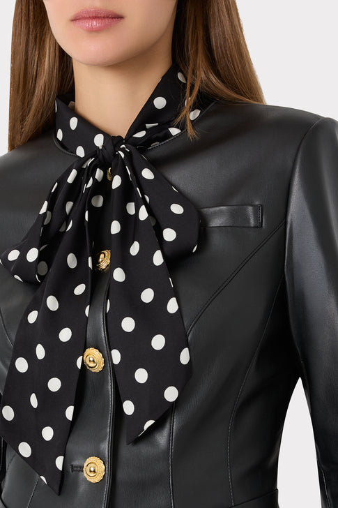 Black Faux Leather Jacket - On Model Upper Body Detail, Elegant Neckline View | MILLY