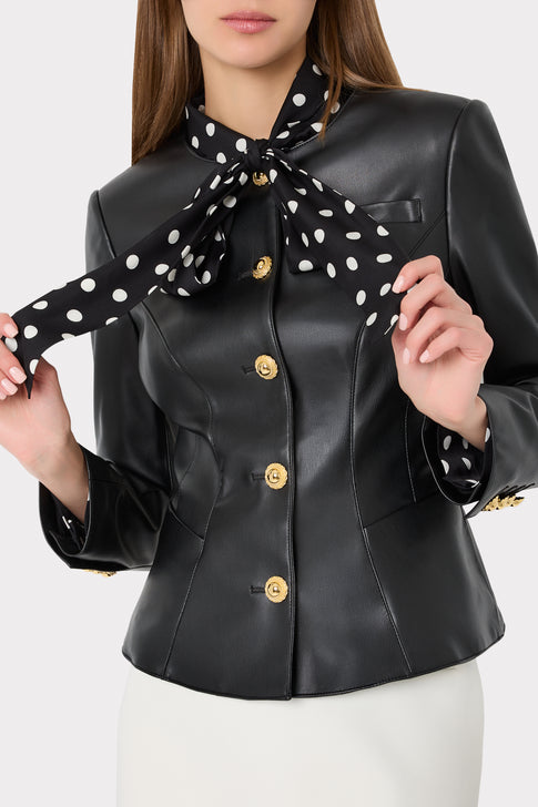 Black Faux Leather Jacket - On Model Front Detail, Luxury Gold Button Close-Up | MILLY