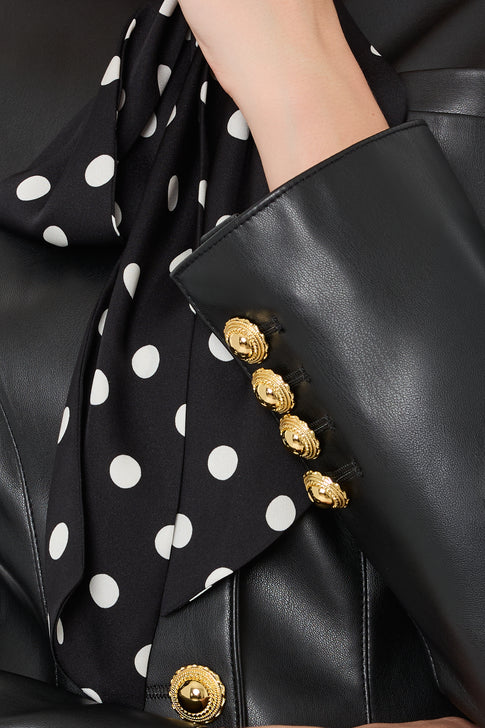 Black Faux Leather Jacket - Sleeve Gold Button Detail Close-Up | MILLY