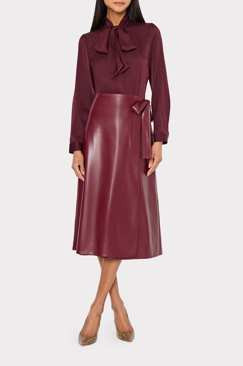 Vegan Leather Bow Midi Skirt Deep Burgundy Image 2 of 5