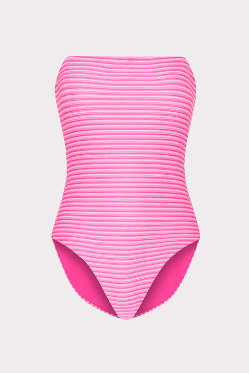 Pink Striped Designer Strapless One Piece Swimsuit - Front View | MILLY