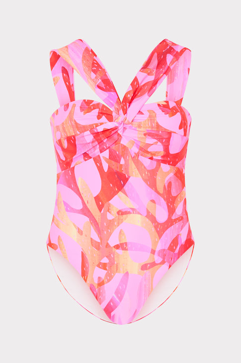 Pink Sea Print Bandeau One Piece Swimsuit - Flat Lay | MILLY