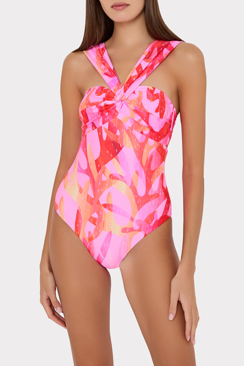 Pink Sea Print Bandeau Swimsuit - Front View On Model | MILLY