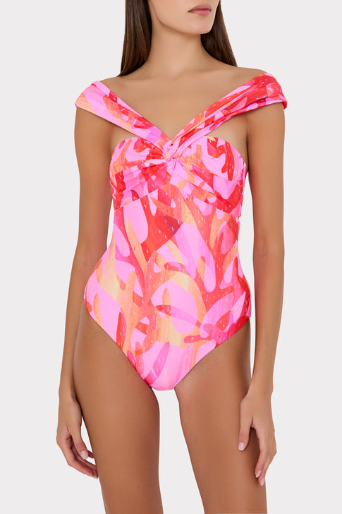 Pink Sea Print Bandeau Swimsuit - Off Shoulder Style On Model | MILLY