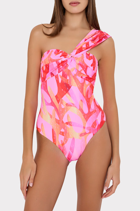 Pink Sea Print Bandeau Swimsuit - One Shoulder Style On Model | MILLY