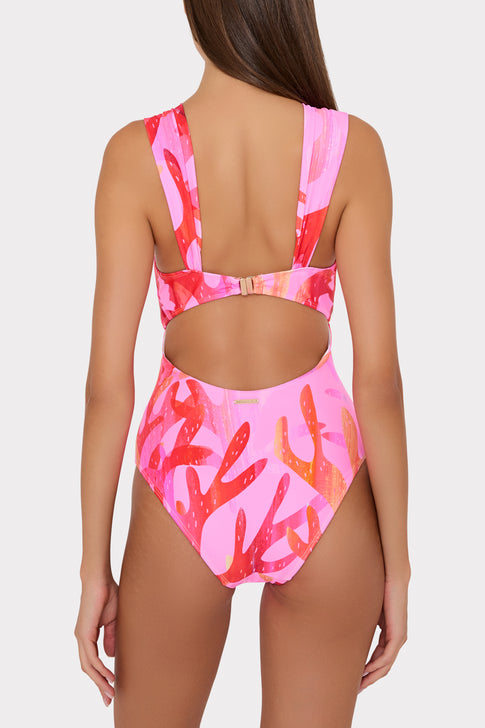 Pink Sea Print Bandeau Swimsuit - Back View On Model | MILLY