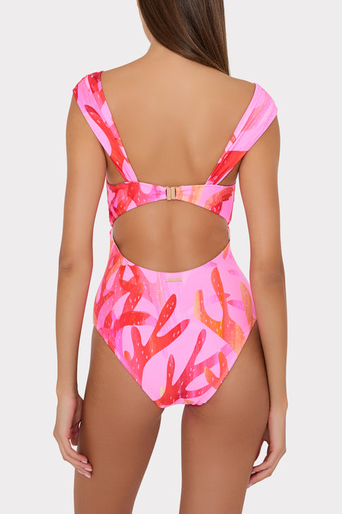 Pink Sea Print Bandeau Swimsuit - Twisted Strap Style Back View | MILLY