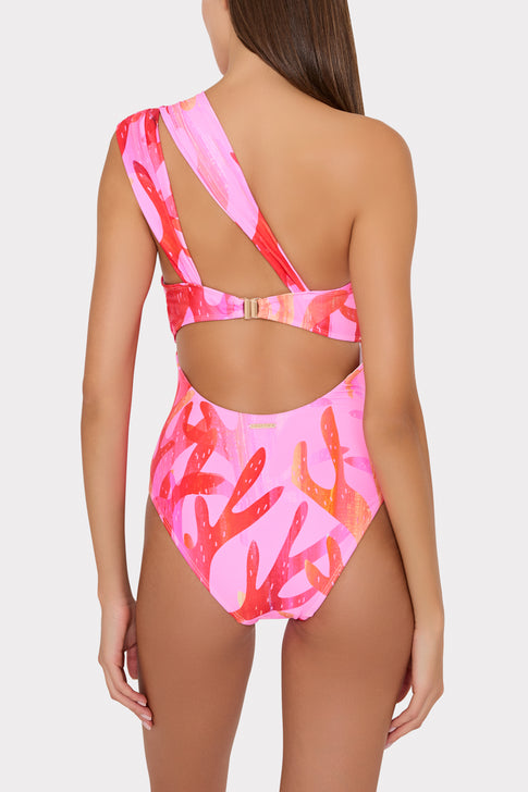 Pink Sea Print Bandeau Swimsuit - Back Strap Detail On Model | MILLY