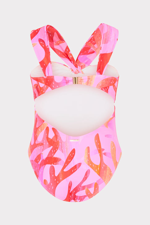 Pink Sea Print Bandeau One Piece Swimsuit - Back Flat Lay | MILLY