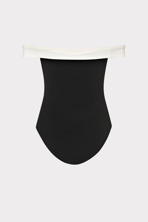Black swimsuit with white trim on a light gray background
