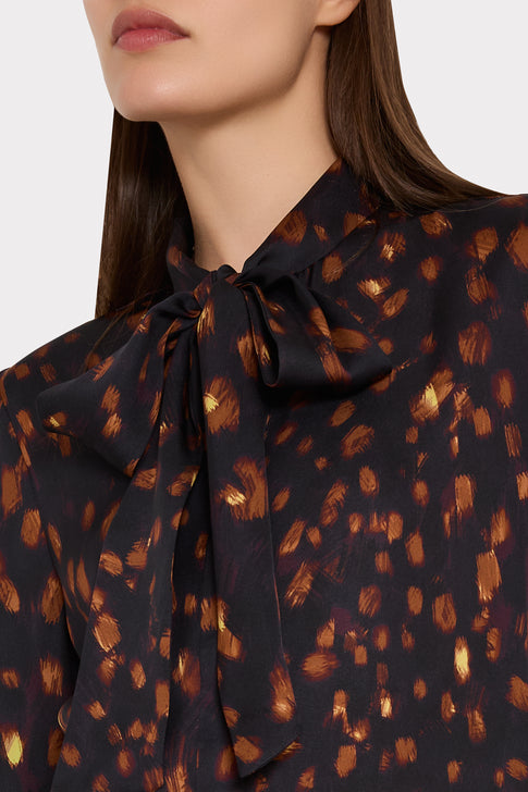 Brown Multi Luxury Silk Blouse - Tie Neck Bow & Gold Print Close-Up Detail | MILLY