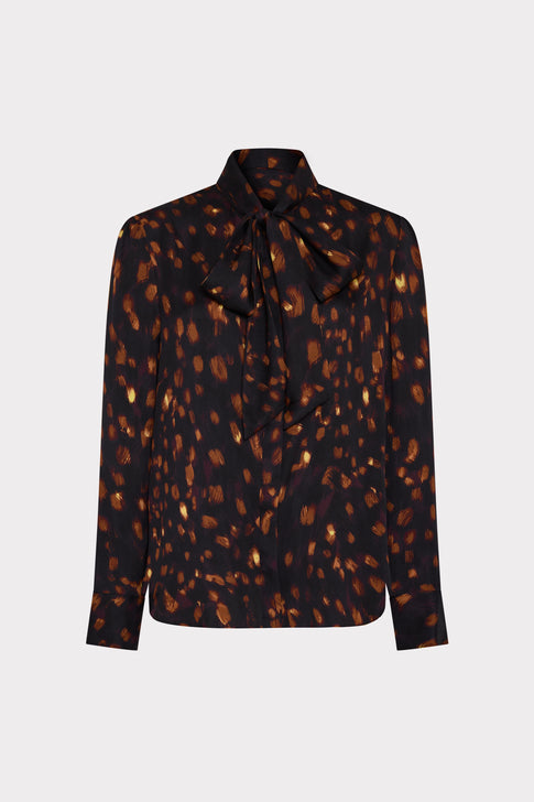 Brown Multi Printed Silk Tie Neck Blouse - Front Flat View, Elegant Designer Top | MILLY