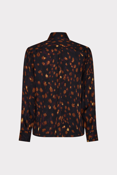 Brown Multi Printed Silk Tie Neck Blouse - Back View Flat Lay, Designer Upscale Women's Top | MILLY