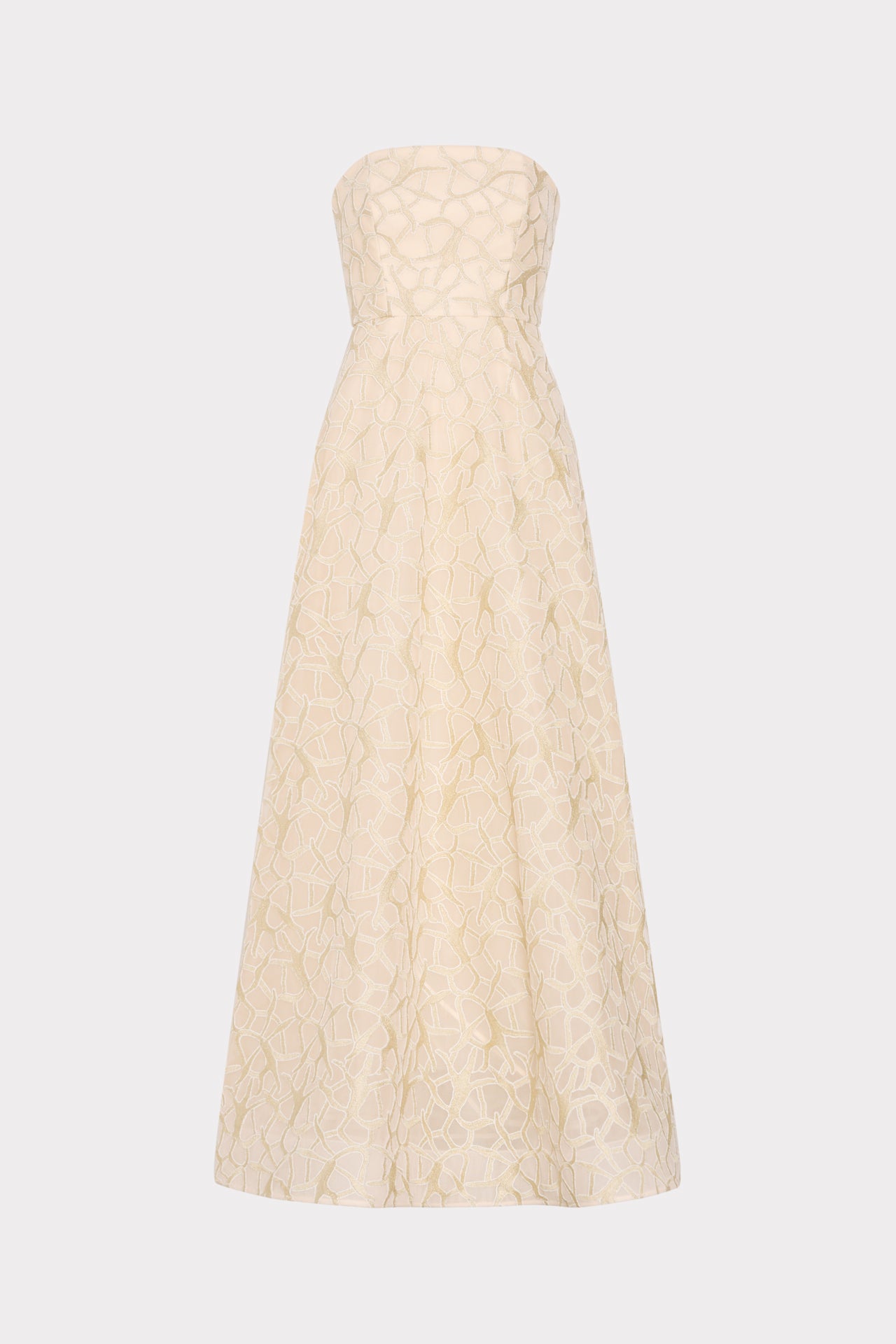 white and gold strapless dress Sonja Curled Lace Gown in Pale Gold