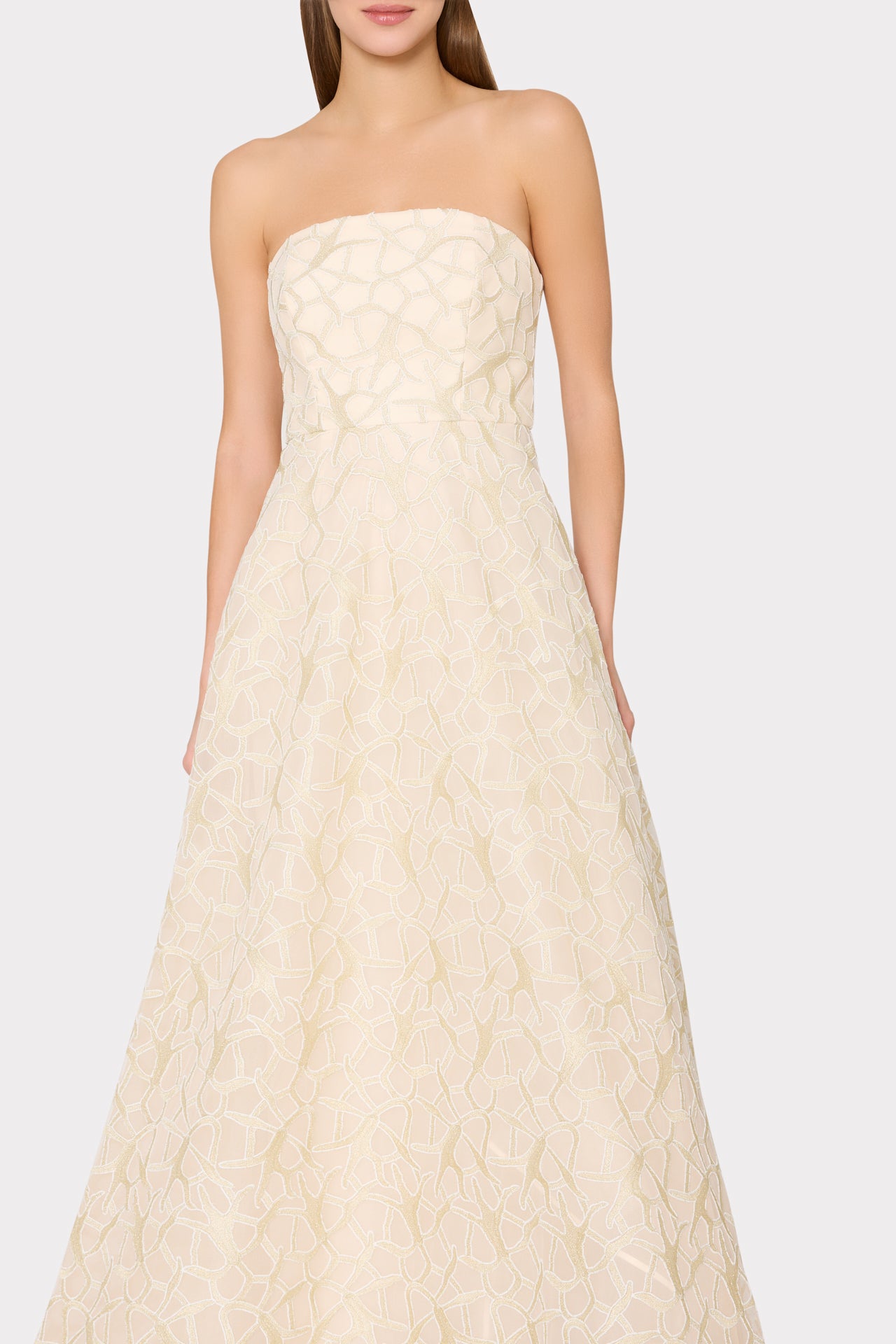 Sonja Curled Lace Gown in Pale Gold | MILLY Sonja Curled Lace Gown in Pale Gold | MILLY