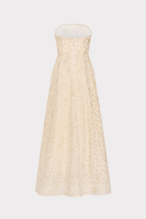 Pale Gold Curled Lace Gown - Back View with Zipper | MILLY