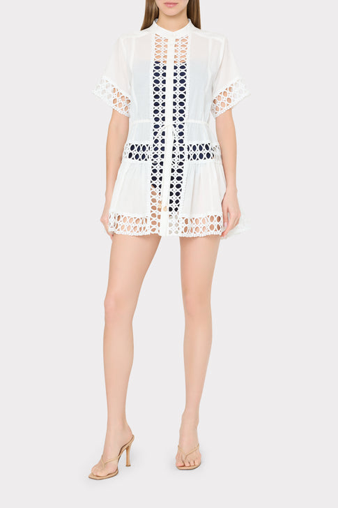 White Cotton Voile Lace Mini Dress - Front View On Model | MILLY