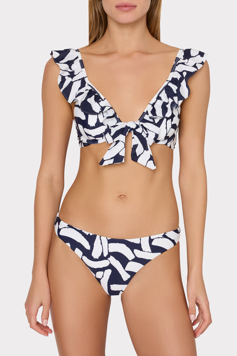 Italian Graphic Brushstroke Ruffle Bikini Top Navy/Ecru Image 2 of 5