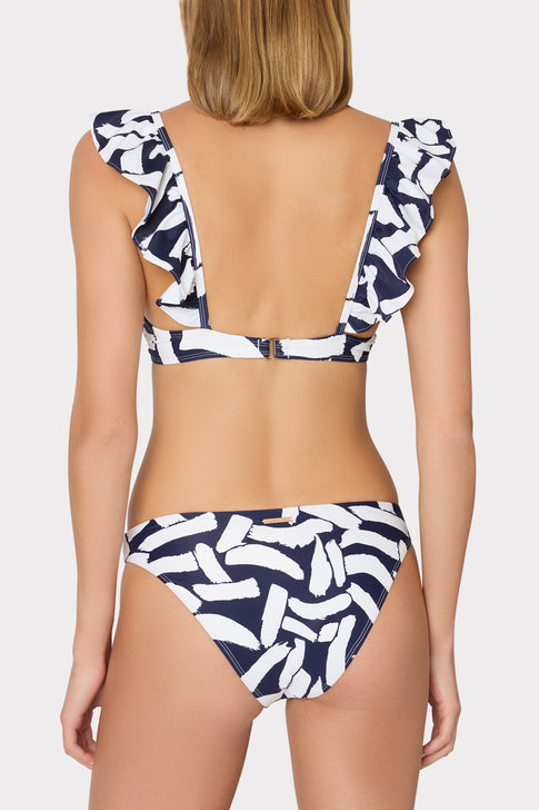 Italian Graphic Brushstroke Ruffle Bikini Top Navy/Ecru Image 3 of 5