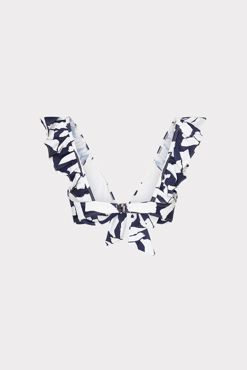 Italian Graphic Brushstroke Ruffle Bikini Top Navy/Ecru Image 4 of 5