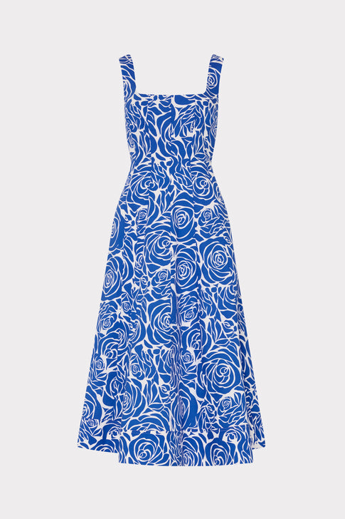 Nia Blue Rose Poplin Midi Dress Blue/White Image 1 of 4