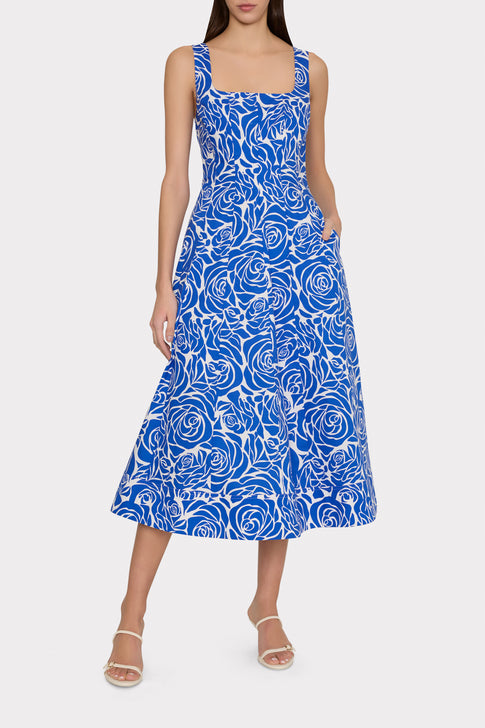 Nia Blue Rose Poplin Midi Dress Blue/White Image 2 of 4