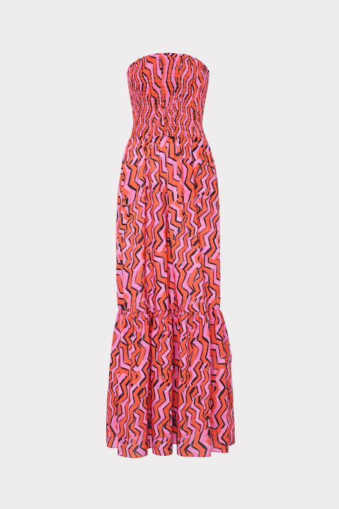 Viona Painted Chevron Cotton Voile Dress Coral Multi Image 1 of 5
