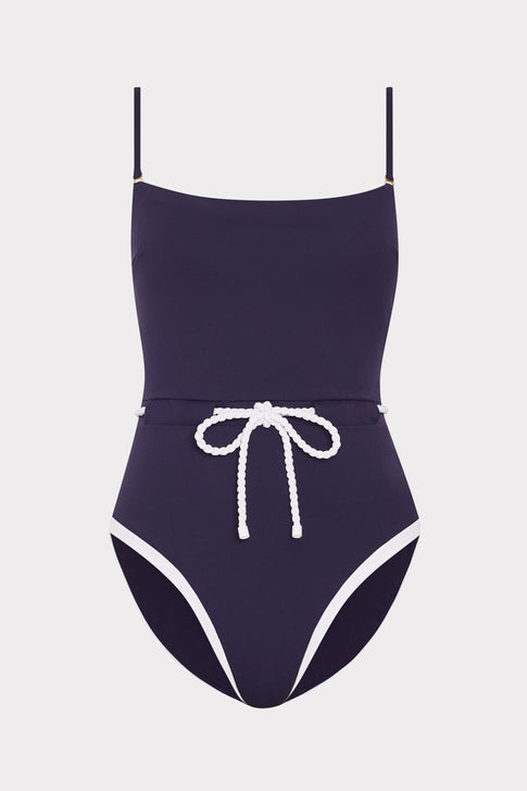 Navy Belted One Piece Swimsuit - Front Flat Lay | MILLY