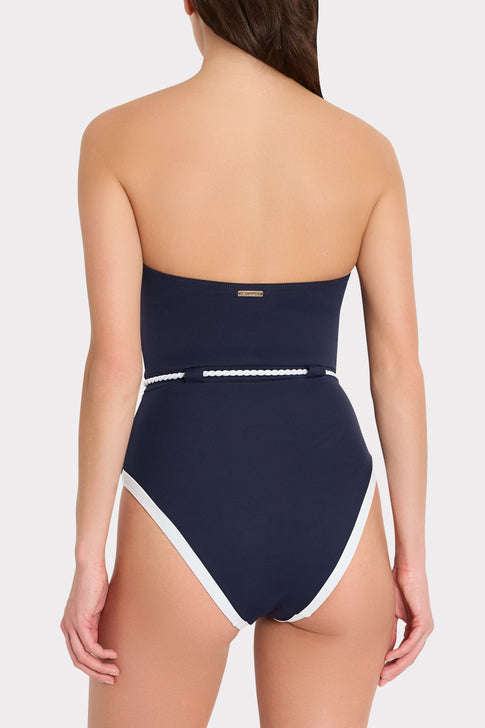 Navy strapless swimsuit with white trim - On Model Back View | MILLY