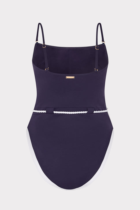 Navy Designer Belted One Piece Swimsuit - Back Flat Lay | MILLY
