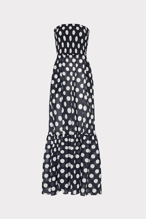 Black strapless polka dot dress with white pattern - Front View | MILLY