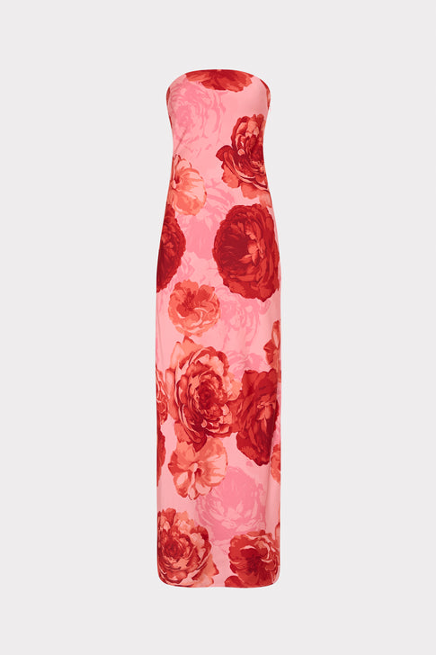 Pink Multi Vera Satin Floral Maxi Dress - Flat Lay | MILLY