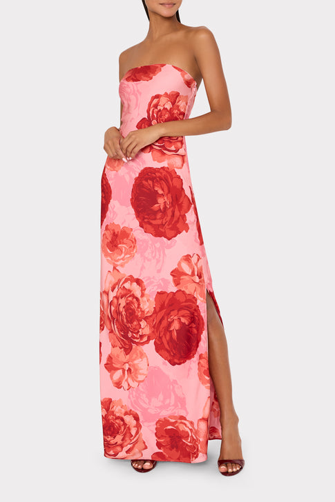 Model wearing pink floral strapless maxi dress with side slit - Front View | MILLY