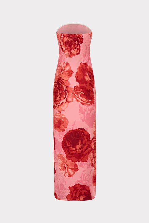 Pink Multi Satin Floral Maxi Dress with Elegant Side Slit - Back View | MILLY