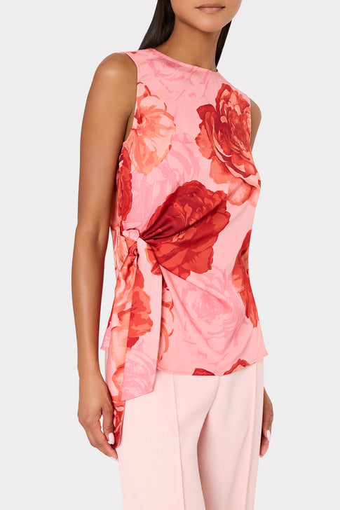 Pink Multi Floral Serena Top with Red Roses - Side View On Model | MILLY
