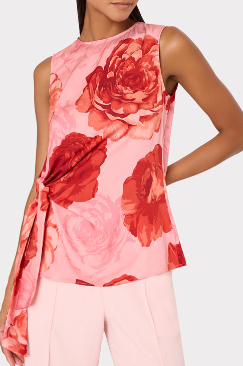Pink Floral Sleeveless Top with Side-Tie - Front View On Model | MILLY