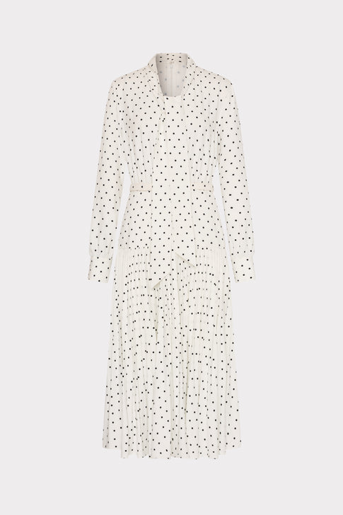 White Black Polka Dot Pleated Midi Dress - Front Flat View | MILLY