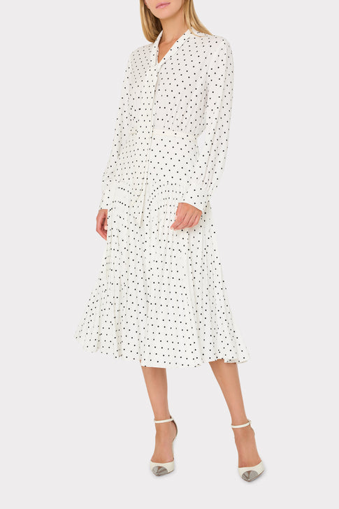 Kennedy Polka Dot Midi Dress in White Black - On Model Side View, elegant desk-to-dinner | MILLY