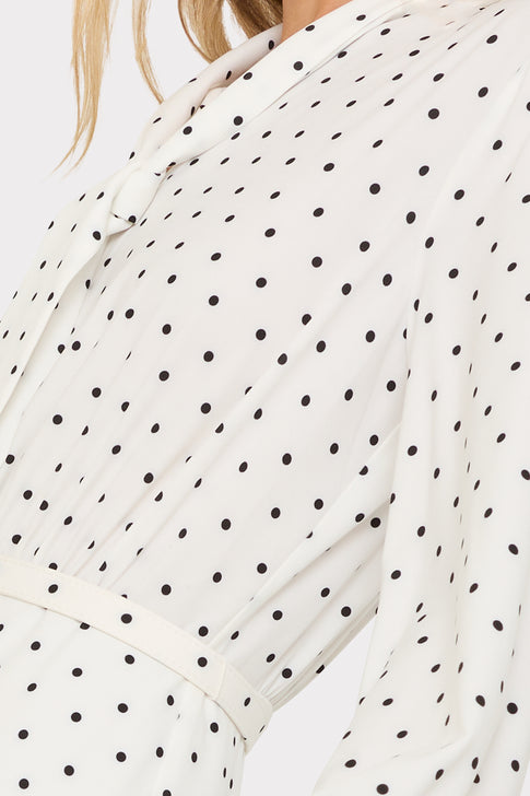 Kennedy Polka Dot Midi Dress - Tie Neck & Bodice Close-Up Detail | MILLY