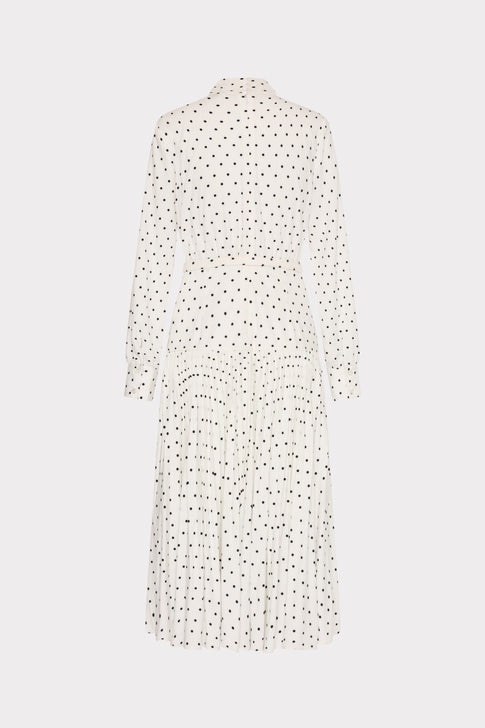 White Black Polka Dot Pleated Midi Dress - Back View, designer long sleeve | MILLY