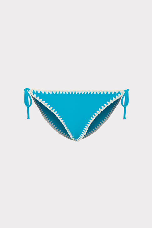 Teal Designer Bikini Bottom with White Crochet Trim - Flat Lay | MILLY