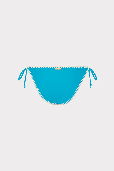 Teal String Bikini Bottom with Crochet Trim - Flat Lay Detail | MILLY