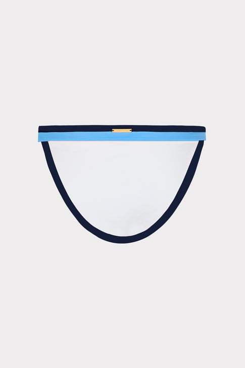 Navy Multi Stripe Bikini Bottom - Flat Lay Detail with Gold Hardware | MILLY