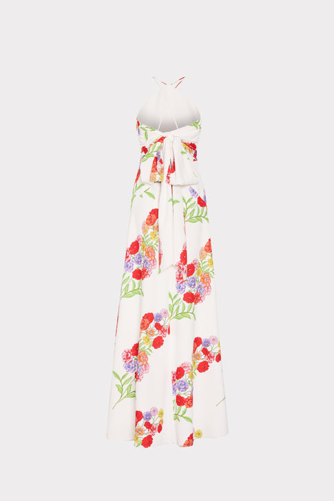 White Floral Print Maxi Dress - Back View with Tie Waist | MILLY