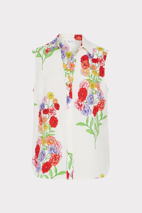 White Multi Josephine Printed Blouse, elegant floral sleeveless designer top - Front Flat Lay | MILLY