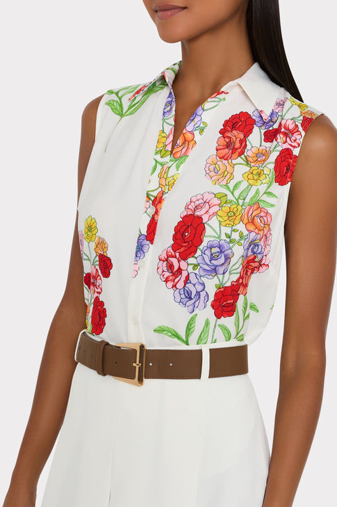 Josephine Printed Blouse in unique white multi floral print, sleeveless - On Model Close-Up | MILLY